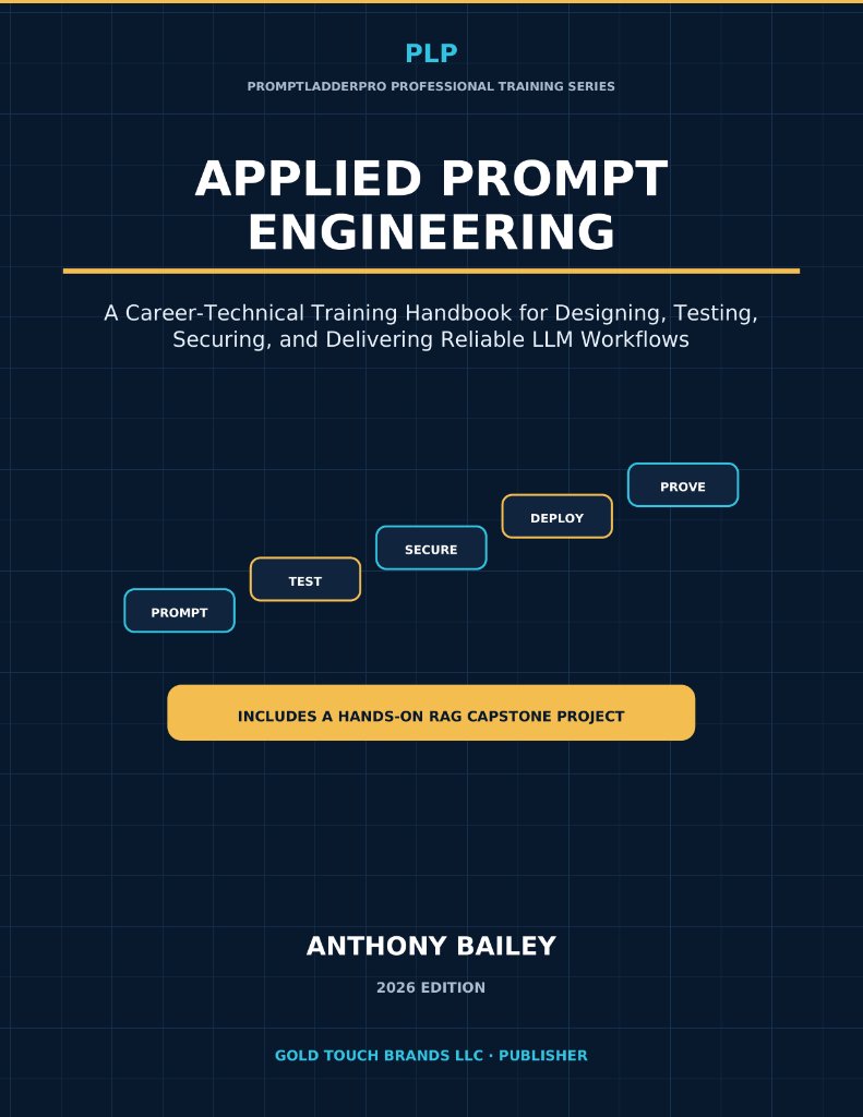 Cover of Applied Prompt Engineering: A Career-Technical Training Handbook for Designing, Testing, Securing, and Delivering Reliable LLM Workflows, by Anthony Bailey
